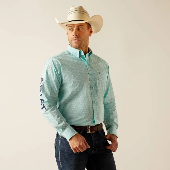 Men Button Down Shirts Ariat Team Gian Classic Fit Shirt Light Aqua