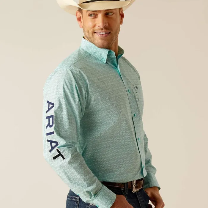 Men Button Down Shirts Ariat Team Gian Classic Fit Shirt Light Aqua