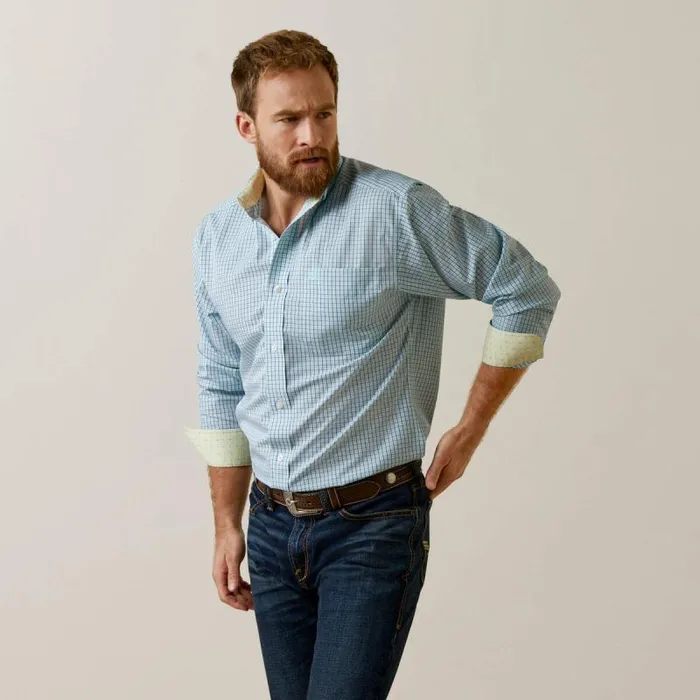 Men Button Down Shirts Ariat Wrinkle Free Colten Fitted Shirt Aqua