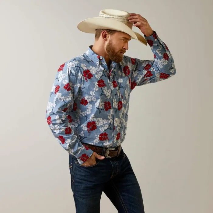 Men Button Down Shirts Ariat Wrinkle Resist Red White And Blue Pareau Western Aloha Stretch Classic Fit Shirt Chambray Blue Men Button Down Shirts Ariat Wrinkle Resist Red White And Blue Pareau Western Aloha Stretch Classic Fit Shirt Chambray Blue