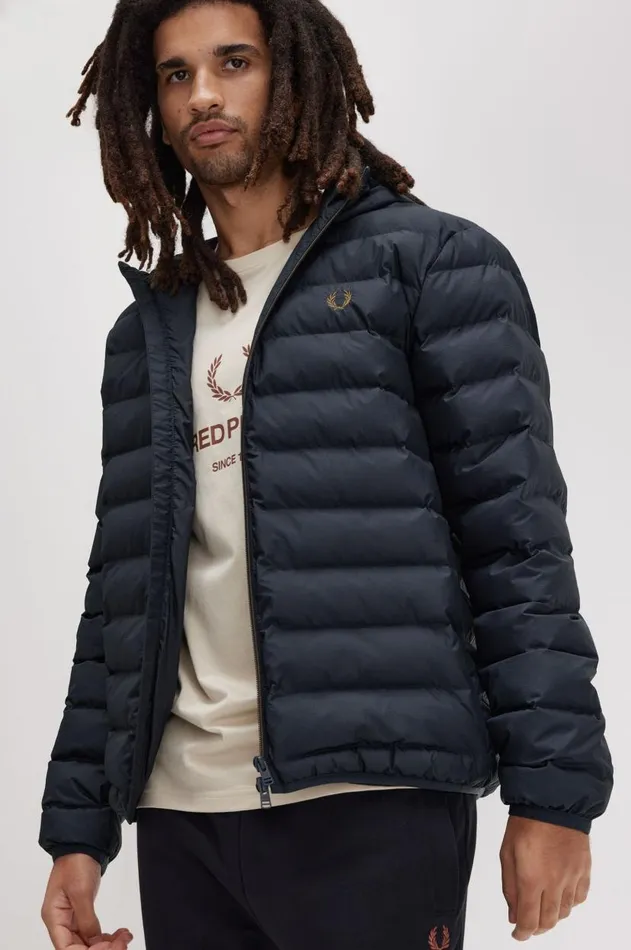 Men Coats and Jackets Fred Perry Hooded Insulated Jacket Navy