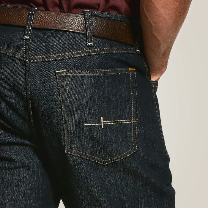 Men Denim Ariat Rebar M4 Relaxed DuraStretch Basic FlannelLined Boot Cut Jean Rinse