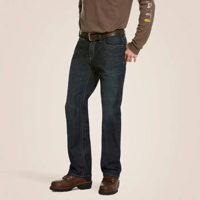Men Denim Ariat Rebar M4 Relaxed DuraStretch Edge Stackable Straight Leg Jean Cobalt