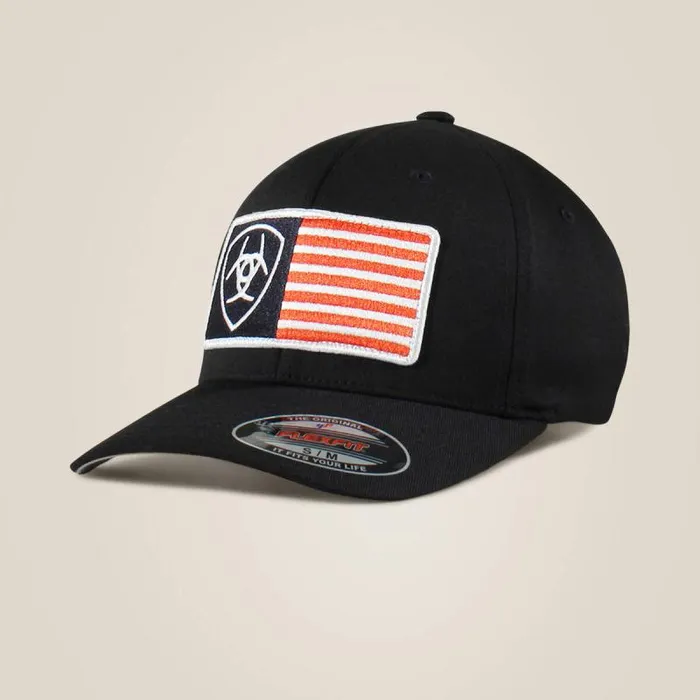 Men Hats and Caps Ariat Usa Flag Patch Shield Cap Black