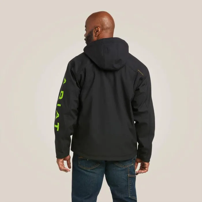 Men Jackets and Vests Ariat Rebar Stretch Canvas Softshell Hooded Logo Jacket Blacklime