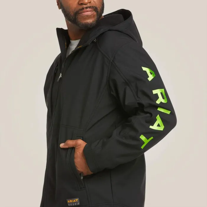 Men Jackets and Vests Ariat Rebar Stretch Canvas Softshell Hooded Logo Jacket Blacklime