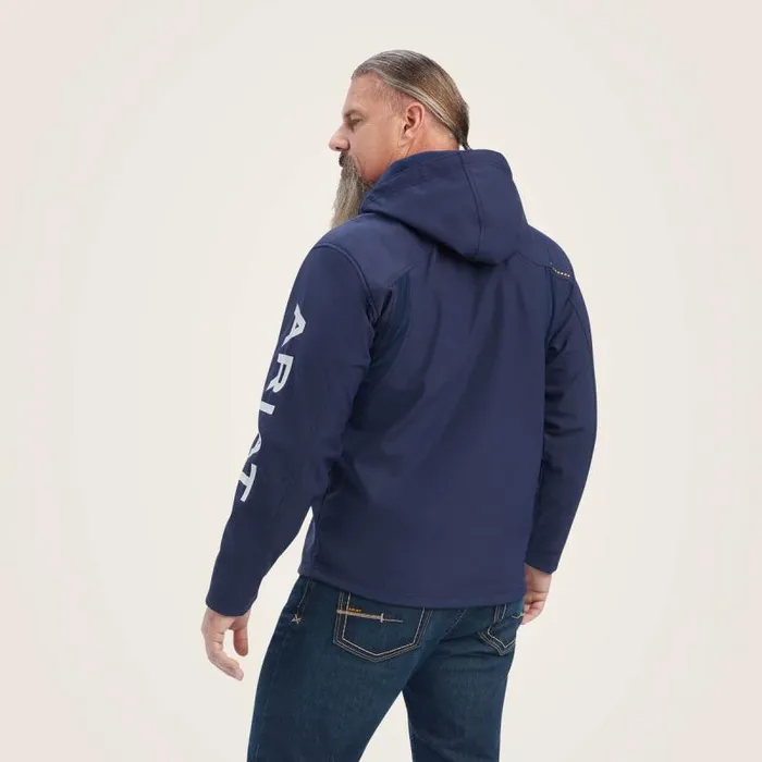 Men Jackets and Vests Ariat Rebar Stretch Canvas Softshell Hooded Logo Jacket Navygrey