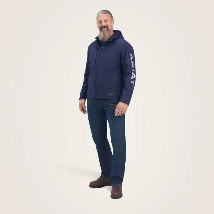 Men Jackets and Vests Ariat Rebar Stretch Canvas Softshell Hooded Logo Jacket Navygrey