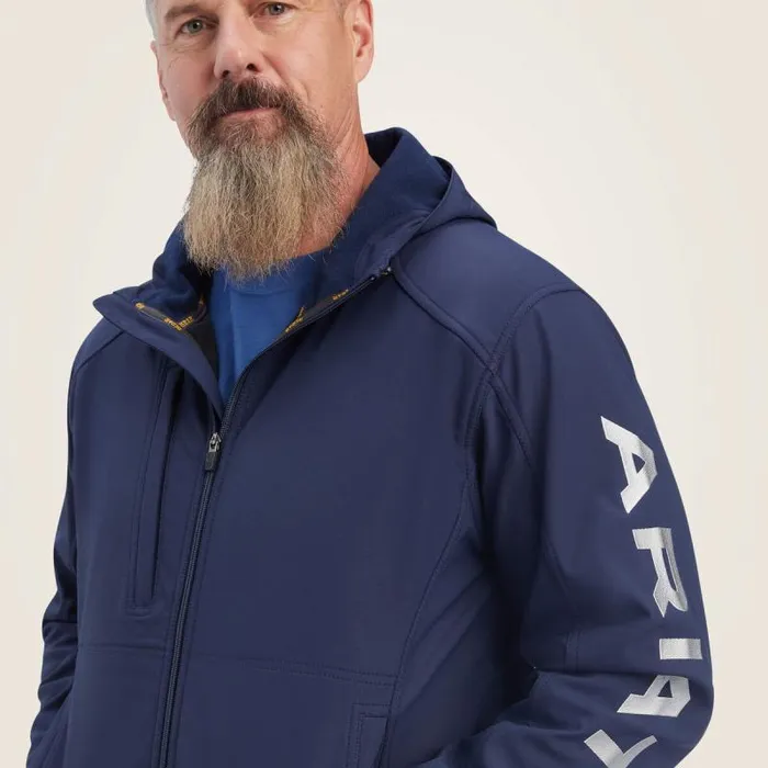Men Jackets and Vests Ariat Rebar Stretch Canvas Softshell Hooded Logo Jacket Navygrey
