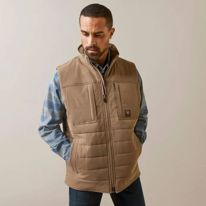 Men Jackets and Vests Ariat Rebar Valiant Stretch Canvas Water Resistant Insulated Vest Rebar Khaki Heather
