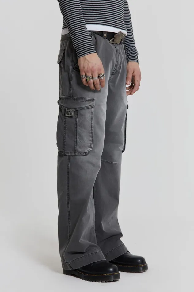 Men Jaded London Cargo Pants Grey Slub Denim Cargos