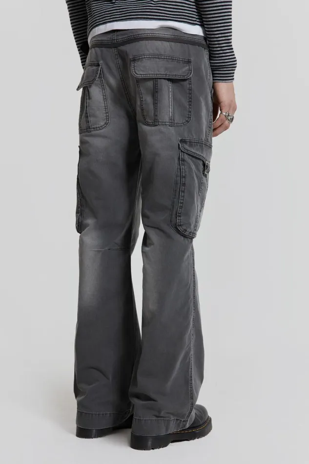 Men Jaded London Cargo Pants Grey Slub Denim Cargos