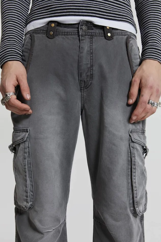Men Jaded London Cargo Pants Grey Slub Denim Cargos