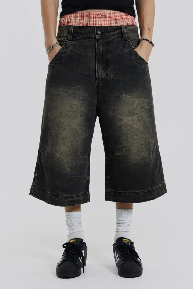 Men Jaded London Denim and Jeans Axle Black Crease Wash Denim Jorts
