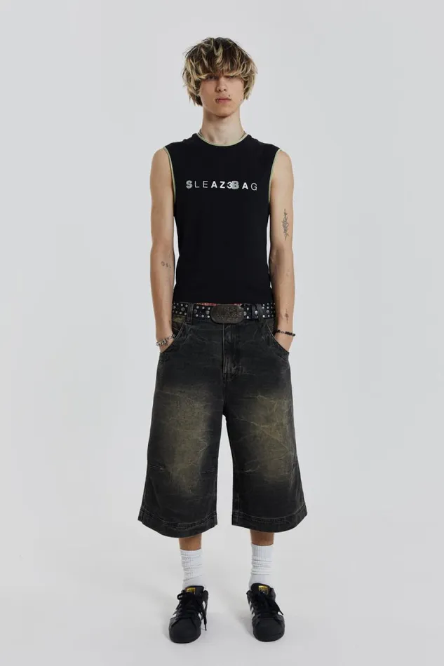 Men Jaded London Denim and Jeans Axle Black Crease Wash Denim Jorts