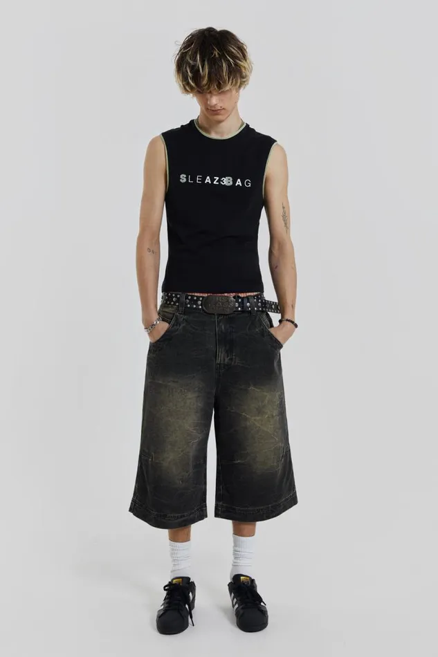 Men Jaded London Denim and Jeans Axle Black Crease Wash Denim Jorts