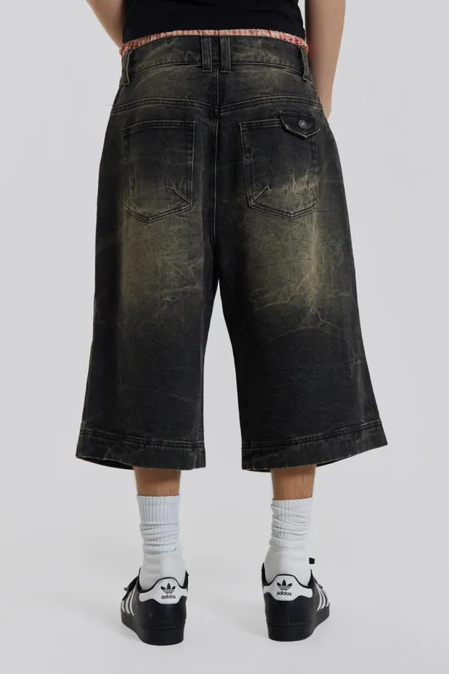 Men Jaded London Denim and Jeans Axle Black Crease Wash Denim Jorts