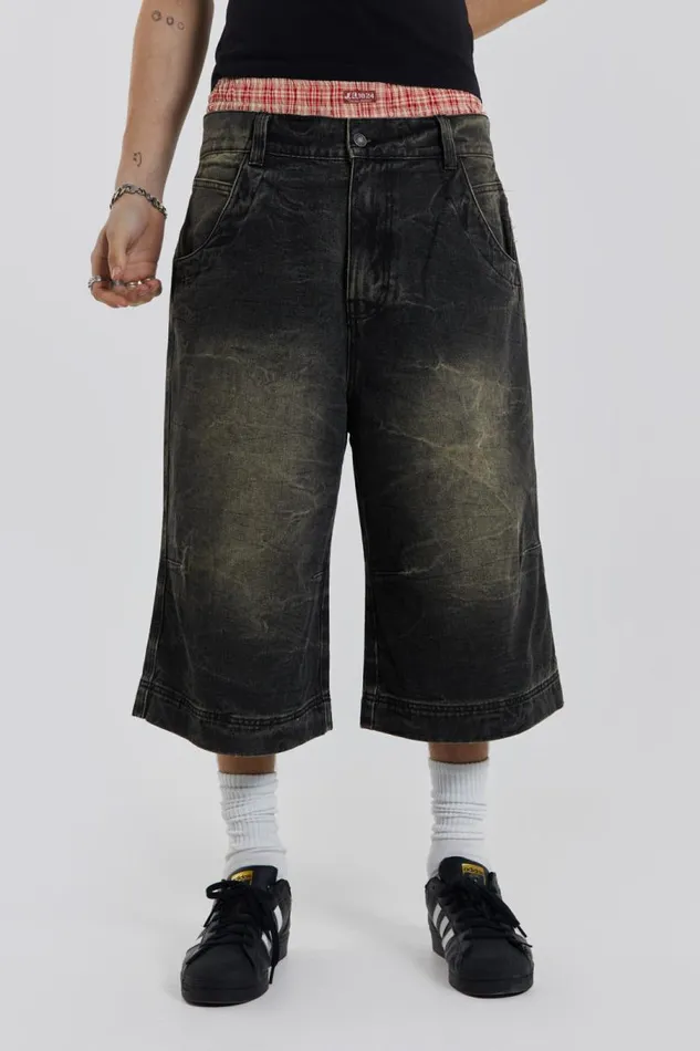Men Jaded London Denim and Jeans Axle Black Crease Wash Denim Jorts