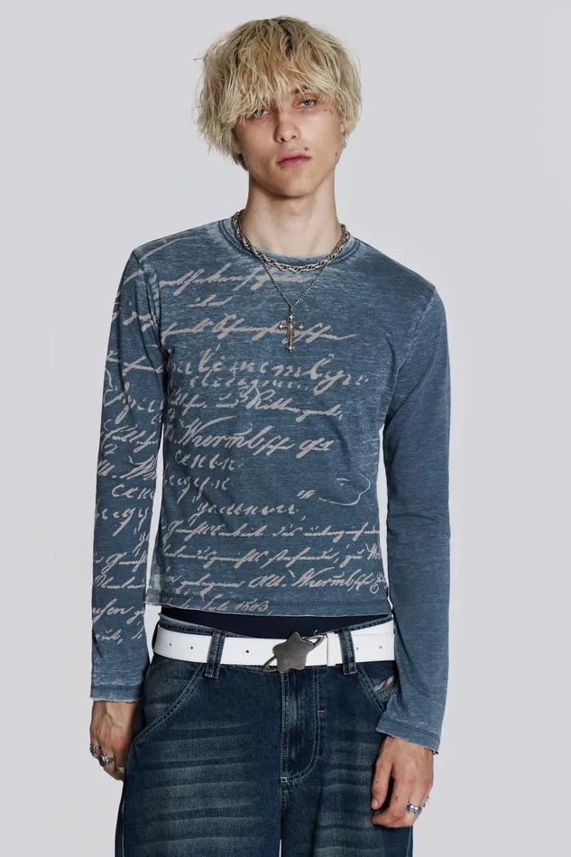 Men Jaded London TShirts Burnout Handwritten Long Sleeve Tee