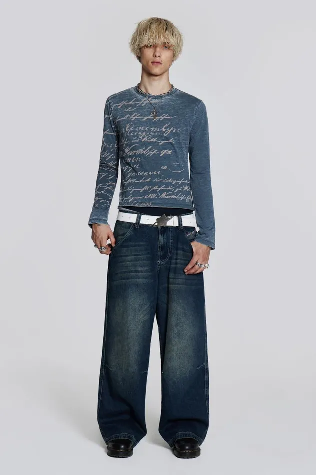 Men Jaded London TShirts Burnout Handwritten Long Sleeve Tee