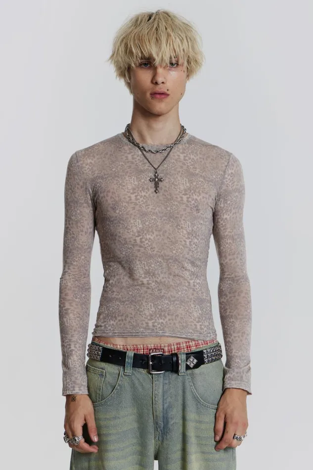 Men Jaded London TShirts Leopard Mist Long Sleeve