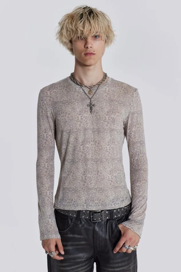 Men Jaded London TShirts Leopard Mist Long Sleeve