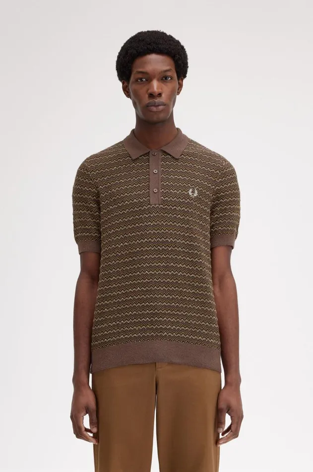 Men Knitwear Fred Perry Boucle Jacquard Knitted Shirt Carrington Brick