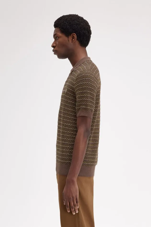 Men Knitwear Fred Perry Boucle Jacquard Knitted Shirt Carrington Brick
