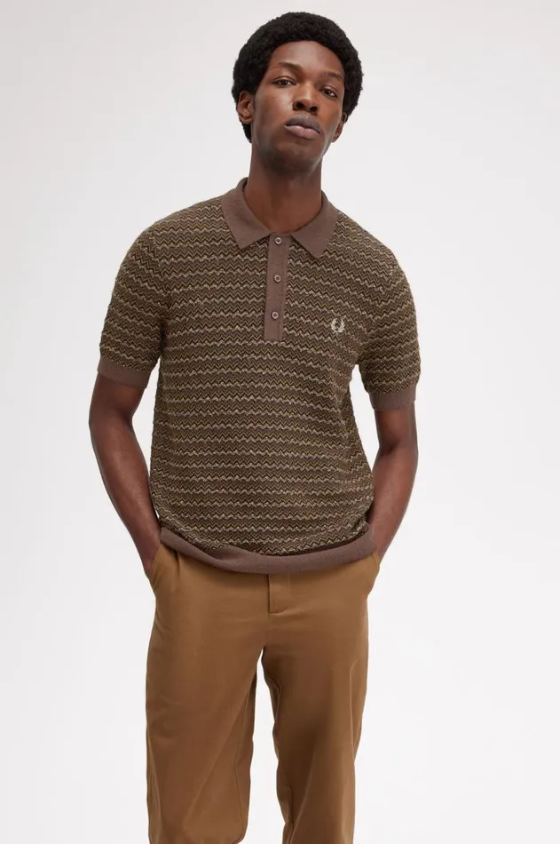 Men Knitwear Fred Perry Boucle Jacquard Knitted Shirt Carrington Brick