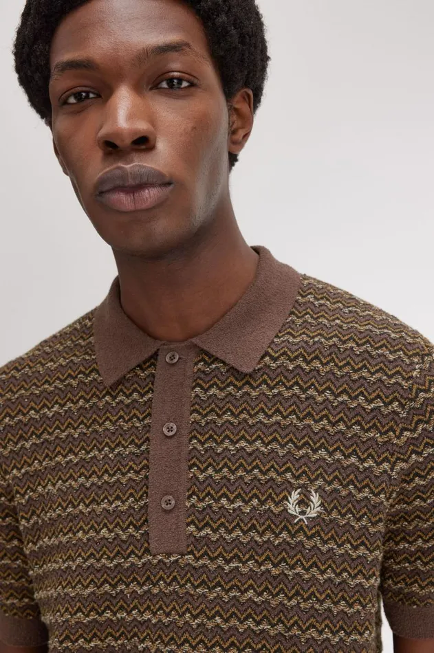 Men Knitwear Fred Perry Boucle Jacquard Knitted Shirt Carrington Brick
