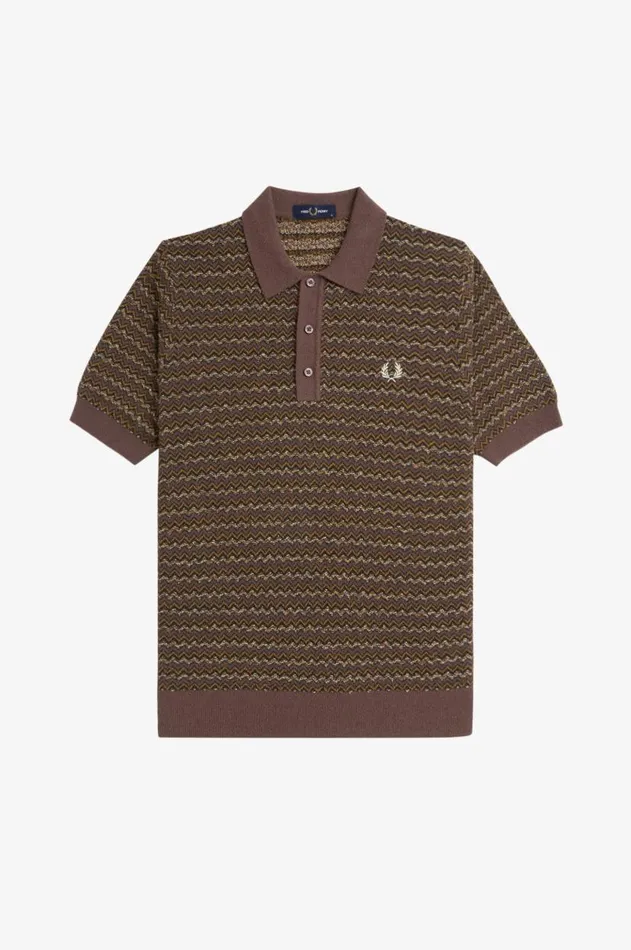 Men Knitwear Fred Perry Boucle Jacquard Knitted Shirt Carrington Brick