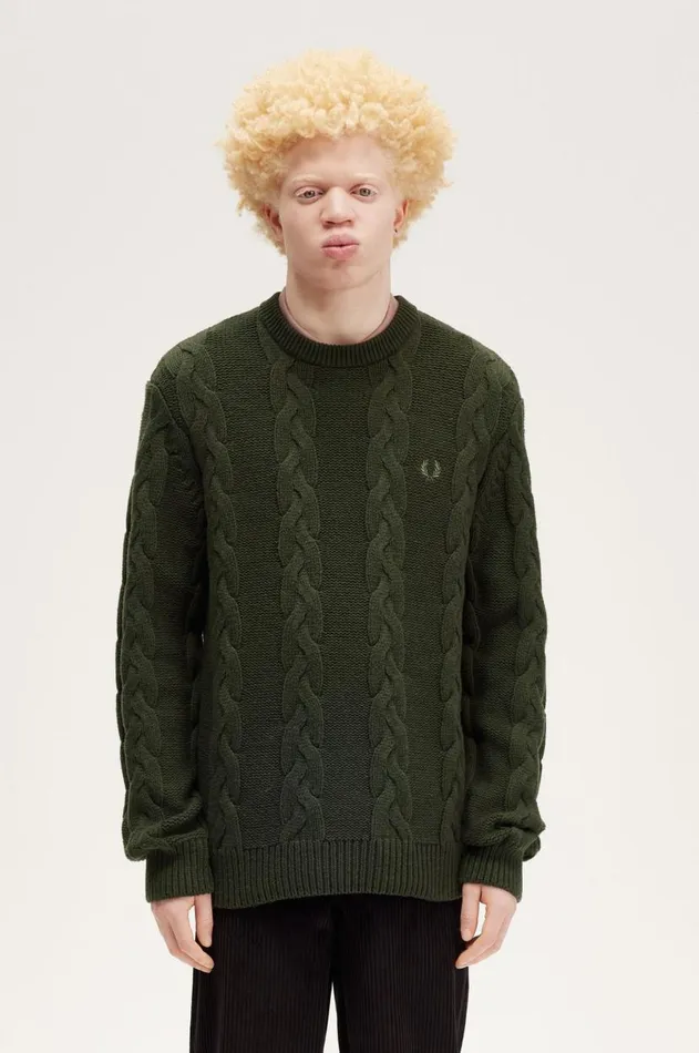 Men Knitwear Fred Perry Cable Knit Jumper Hunting Green
