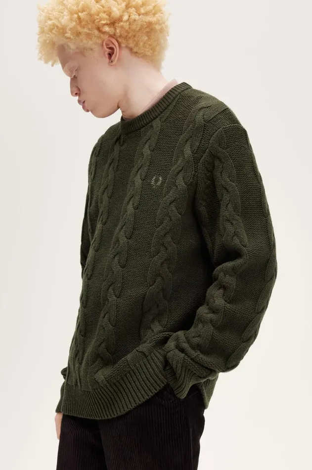 Men Knitwear Fred Perry Cable Knit Jumper Hunting Green