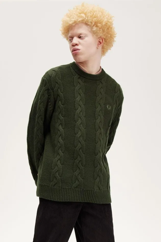 Men Knitwear Fred Perry Cable Knit Jumper Hunting Green