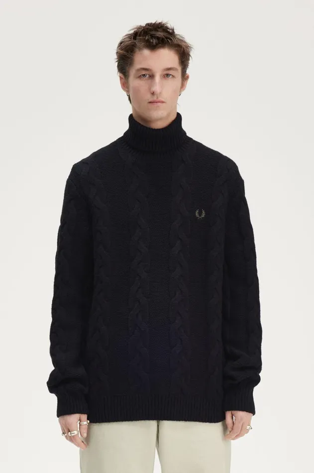 Men Knitwear Fred Perry Cable Knit Roll Neck Jumper Black