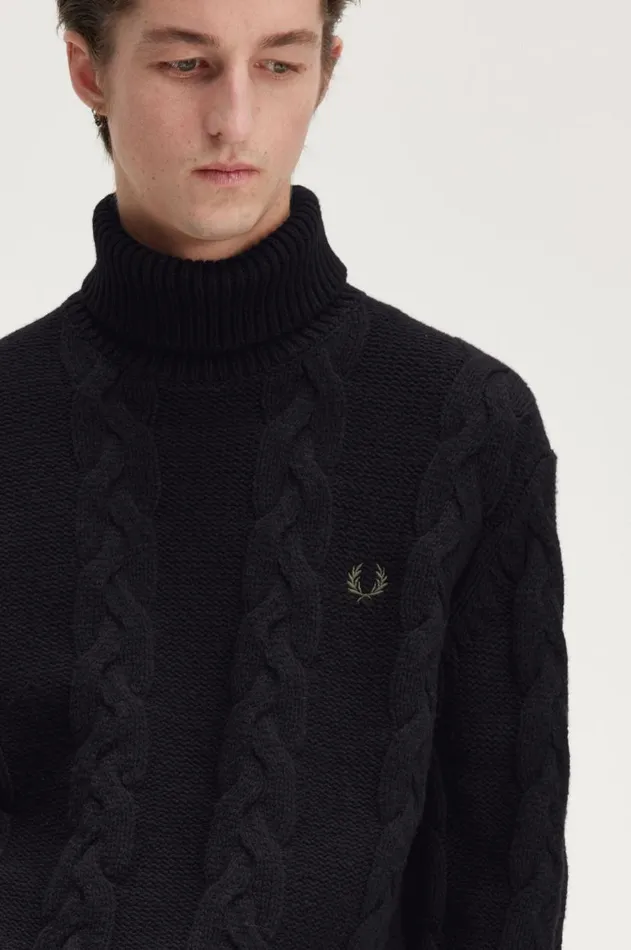 Men Knitwear Fred Perry Cable Knit Roll Neck Jumper Black
