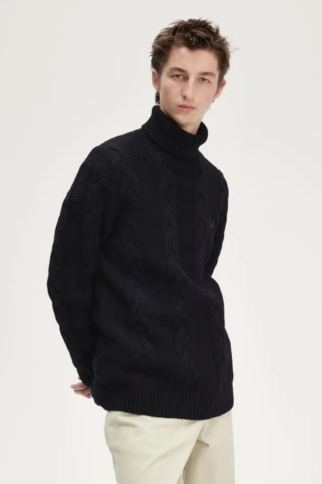Men Knitwear Fred Perry Cable Knit Roll Neck Jumper Black