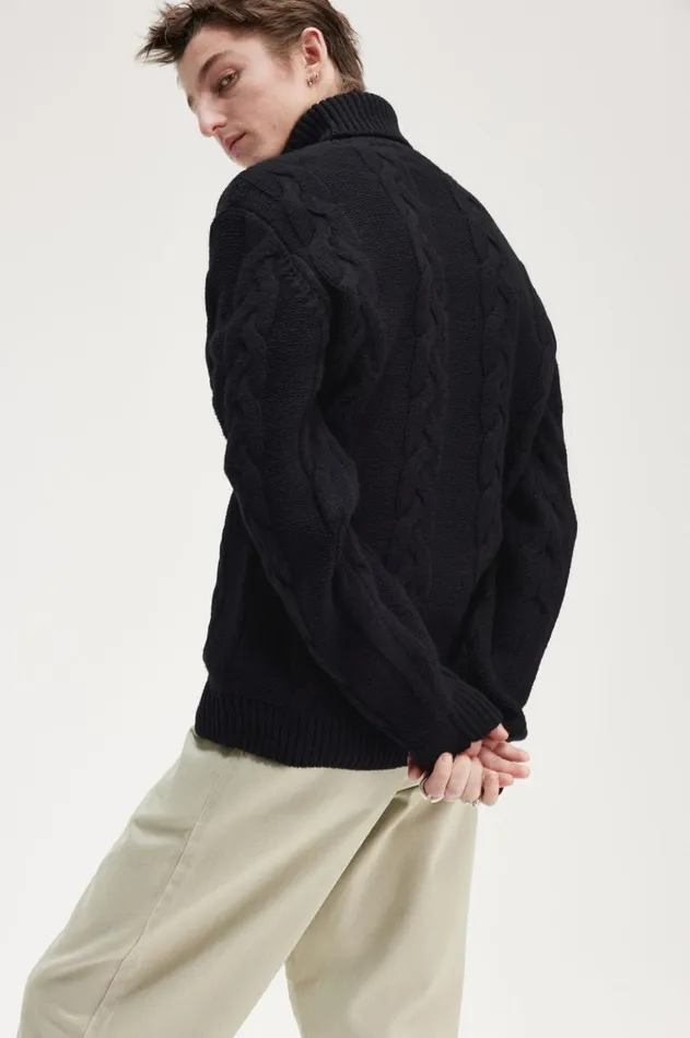 Men Knitwear Fred Perry Cable Knit Roll Neck Jumper Black