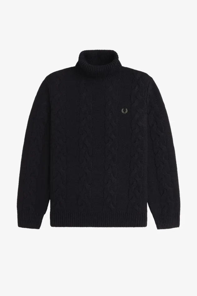 Men Knitwear Fred Perry Cable Knit Roll Neck Jumper Black