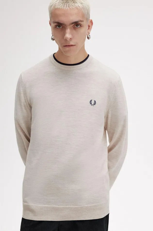 Men Knitwear Fred Perry Classic Crew Neck Jumper Porridge Marl