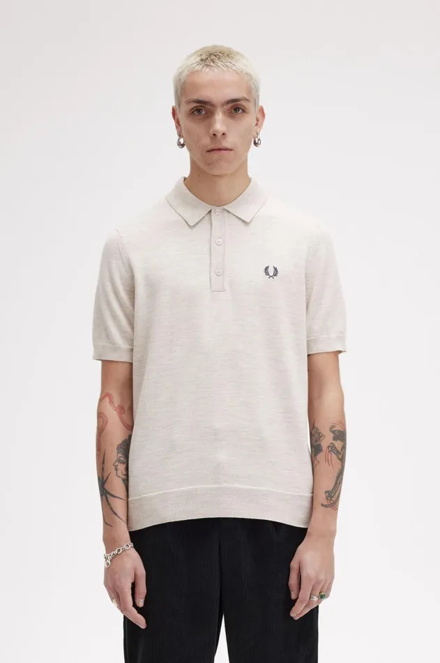 Men Knitwear Fred Perry Classic Knitted Shirt Porridge Marl