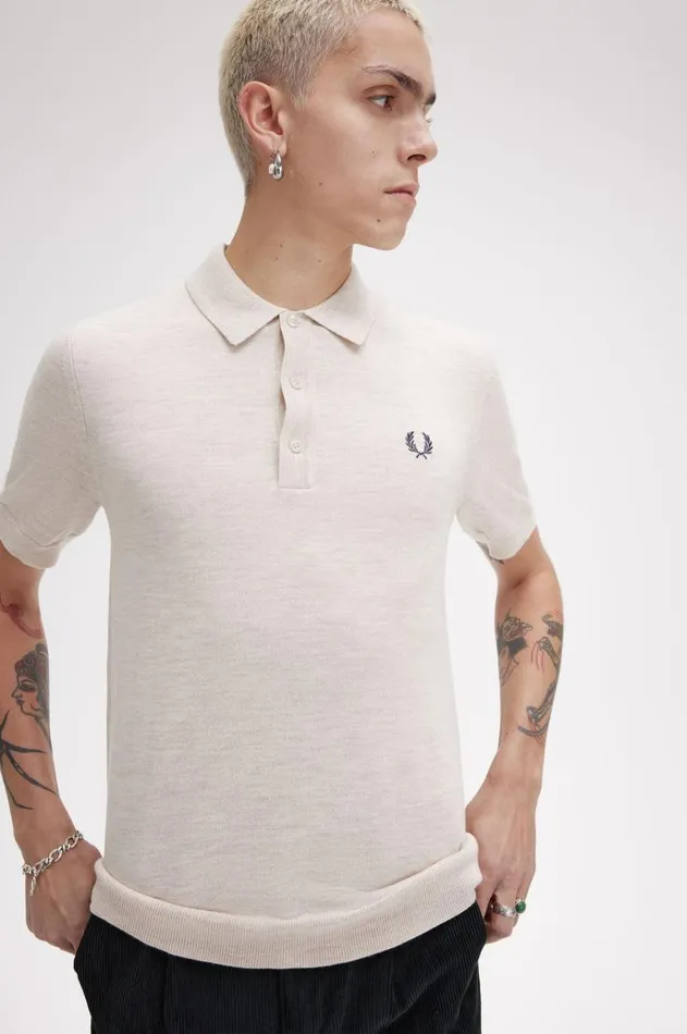 Men Knitwear Fred Perry Classic Knitted Shirt Porridge Marl