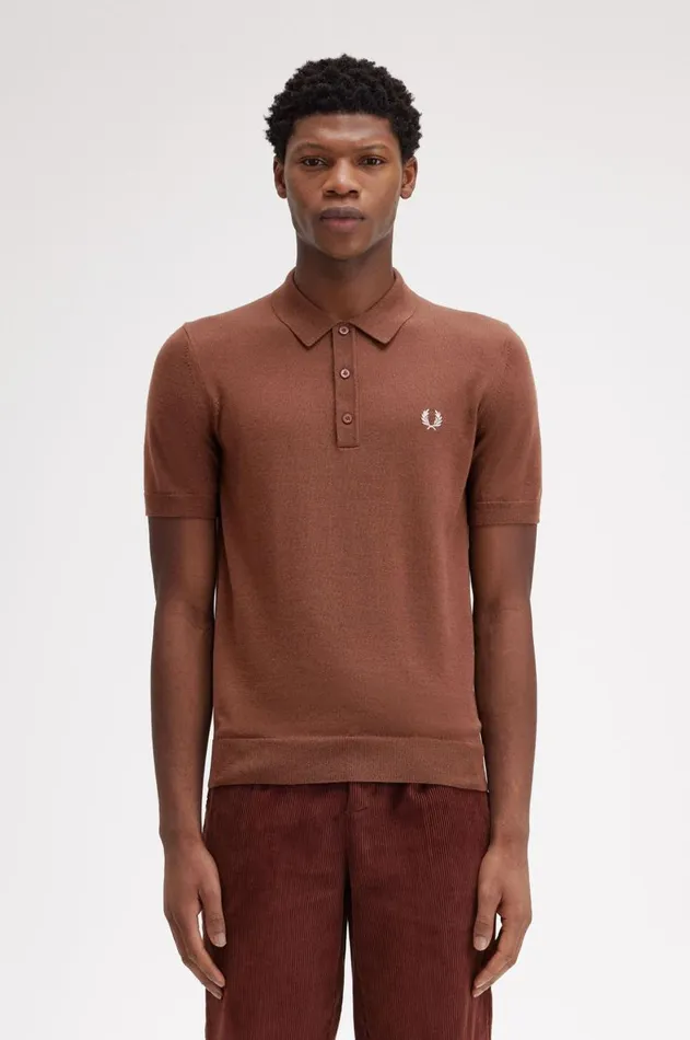 Men Knitwear Fred Perry Classic Knitted Shirt Whisky Brown