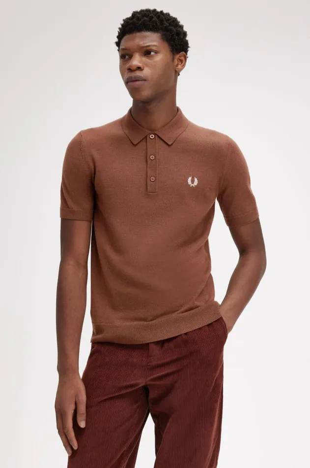 Men Knitwear Fred Perry Classic Knitted Shirt Whisky Brown