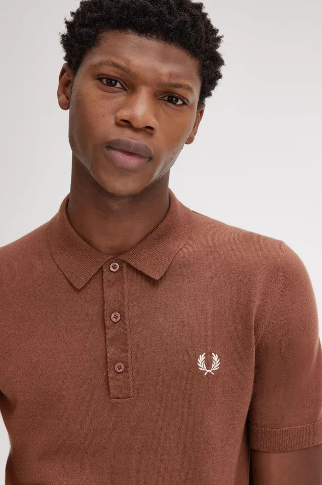 Men Knitwear Fred Perry Classic Knitted Shirt Whisky Brown