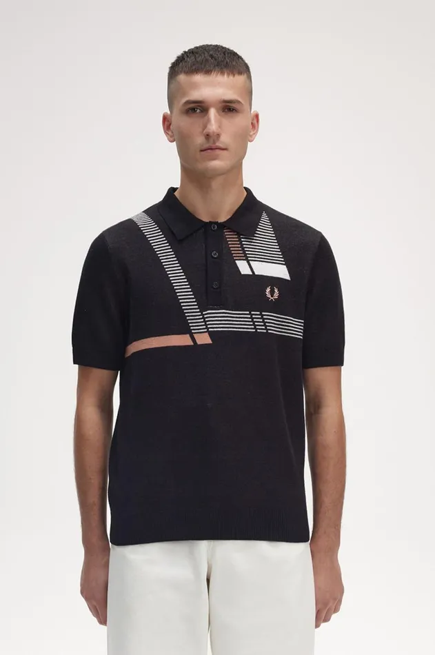 Men Knitwear Fred Perry Jacquard Glitch Knitted Shirt Black