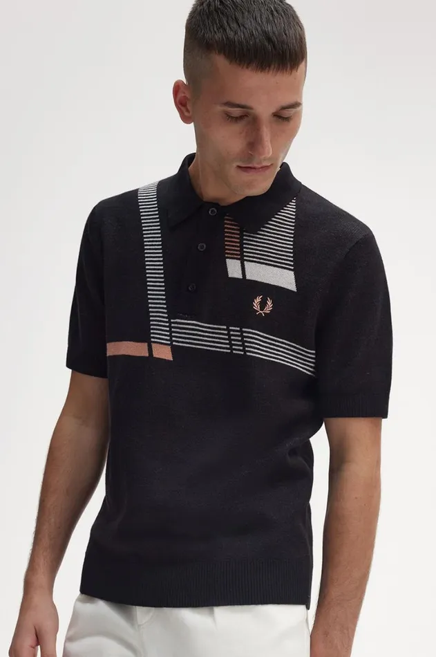 Men Knitwear Fred Perry Jacquard Glitch Knitted Shirt Black