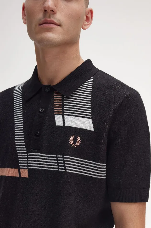 Men Knitwear Fred Perry Jacquard Glitch Knitted Shirt Black