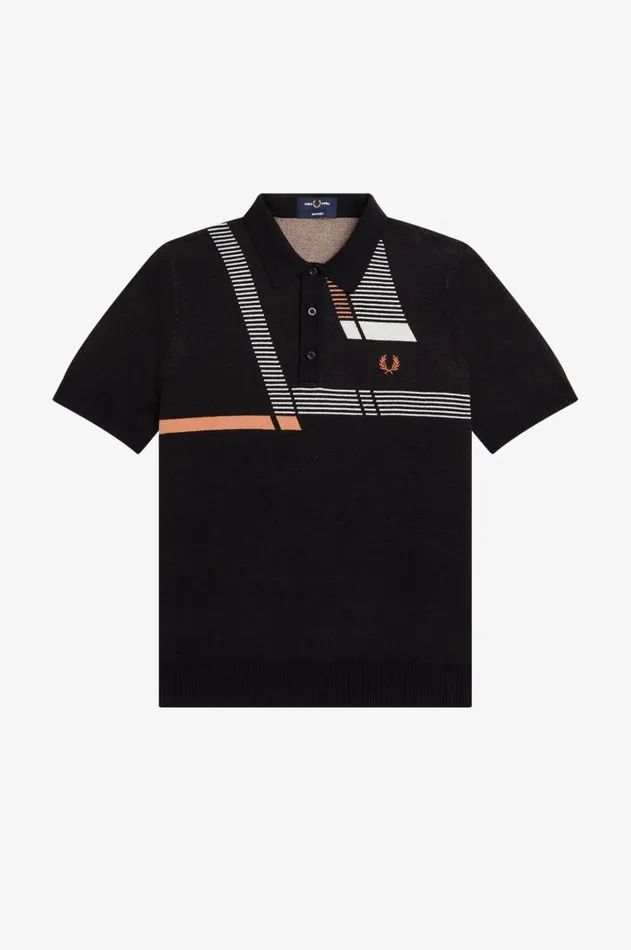 Men Knitwear Fred Perry Jacquard Glitch Knitted Shirt Black