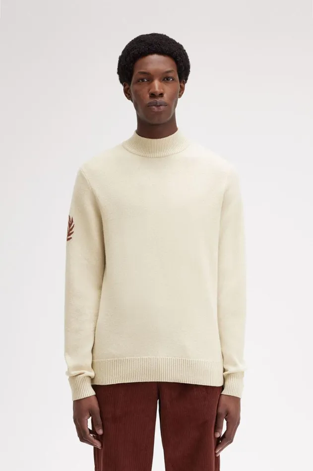 Men Knitwear Fred Perry Laurel Wreath Mock Neck Jumper Oatmeal